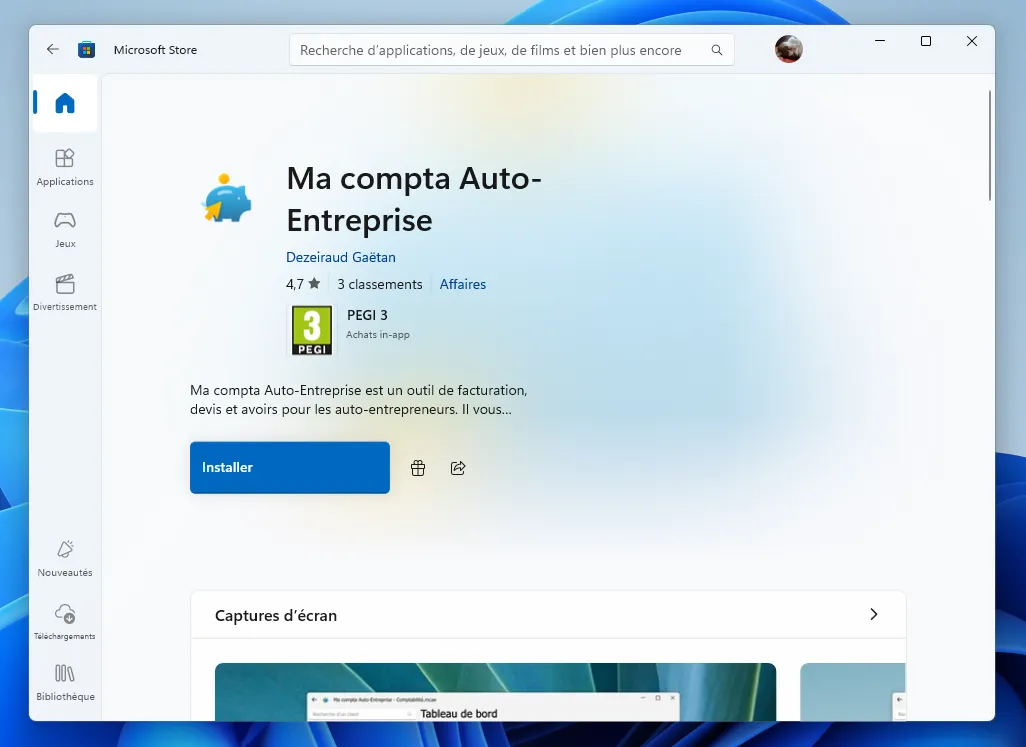 Page Microsoft Store de Ma compta Auto-Entreprise