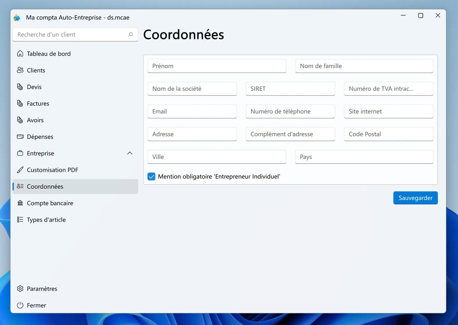 Ma compta Auto-Entreprise "interface coordonnées"